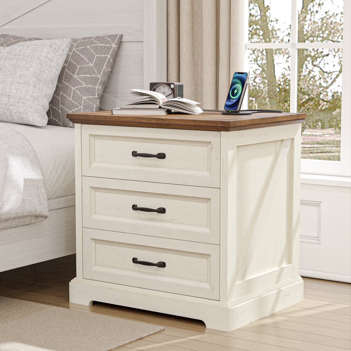 Hommpa Farmhouse 3 Drawers Nightstand with Charging Station, Rustic Wood Night Stand with Drawers for - Product image 1