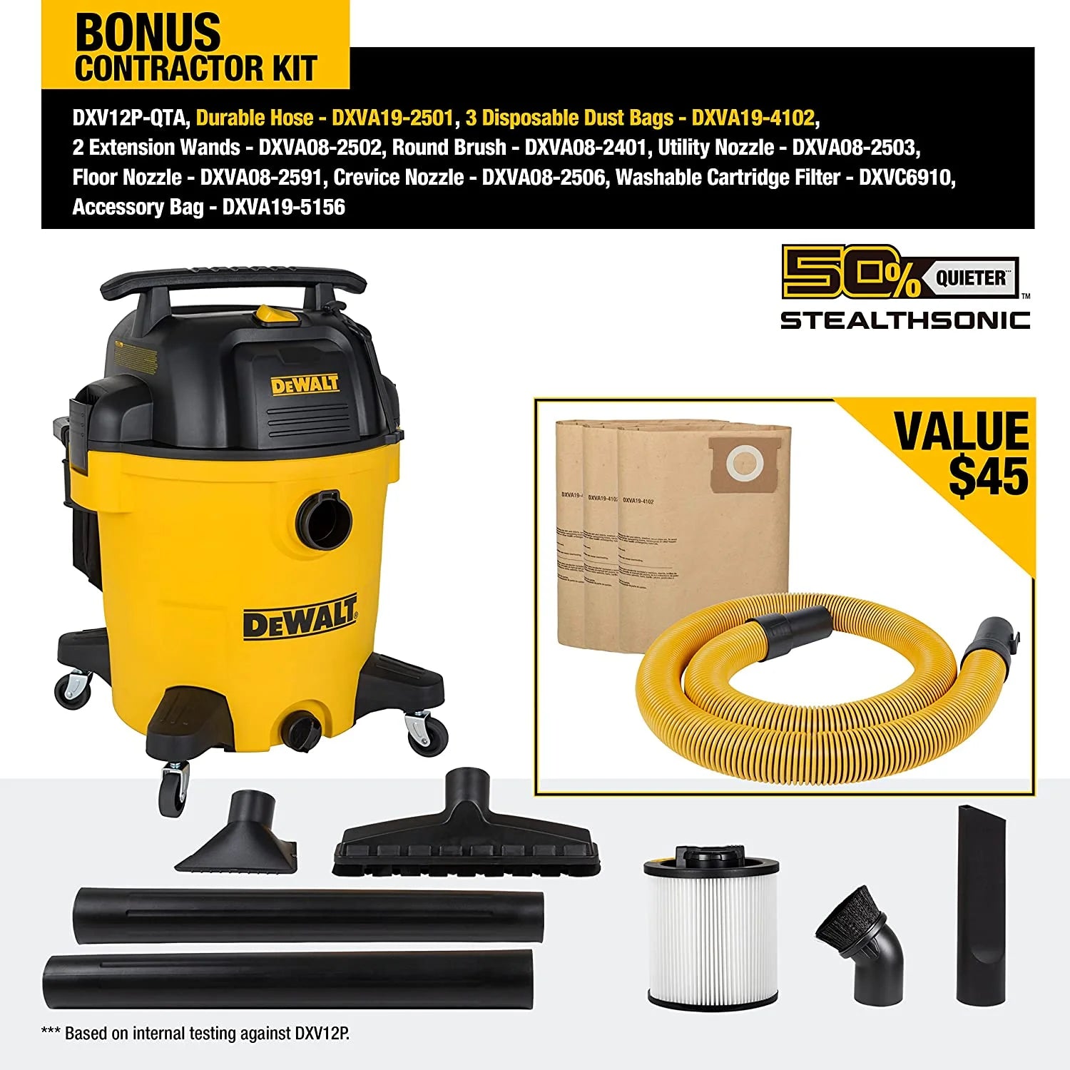 DEWALT 12 Gallon STEALTHSONIC Ultra Quiet Poly Wet Dry Vacuum, DXV12P - QTA Newest Noise Reduction Vac - Product image 6